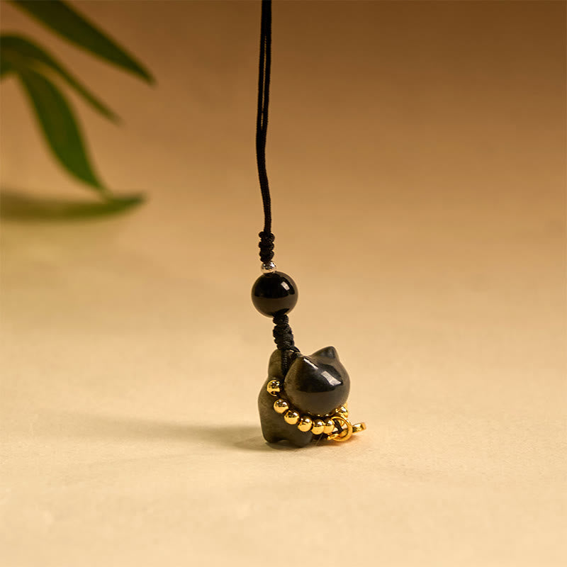 Buddha Stones, obsidiana plateada, obsidiana negra, obsidiana dorada, lindo gato Fu, llavero protector, decoración colgante para teléfono. - image 19