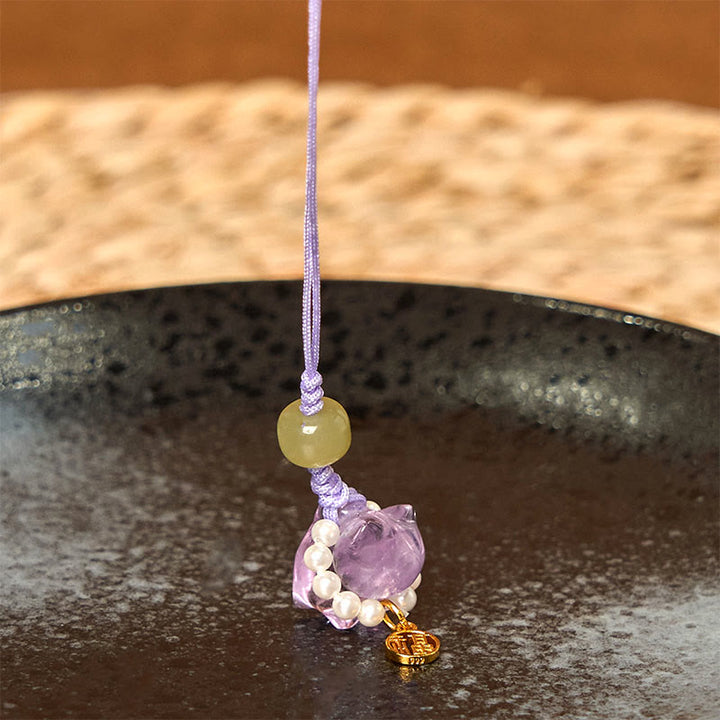 Buddha Stones, cristal rosa, amatista, citrino, perla, personaje Fu, gatito de la suerte, calidez, decoración colgante para teléfono