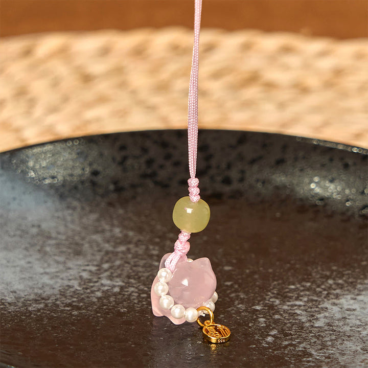 Buddha Stones, cristal rosa, amatista, citrino, perla, personaje Fu, gatito de la suerte, calidez, decoración colgante para teléfono