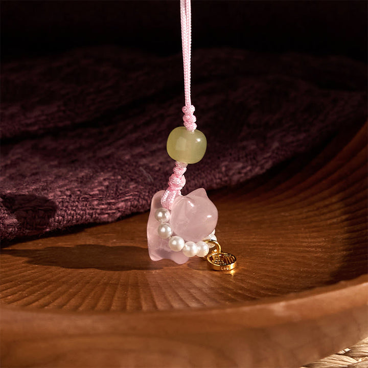 Buddha Stones, cristal rosa, amatista, citrino, perla, personaje Fu, gatito de la suerte, calidez, decoración colgante para teléfono