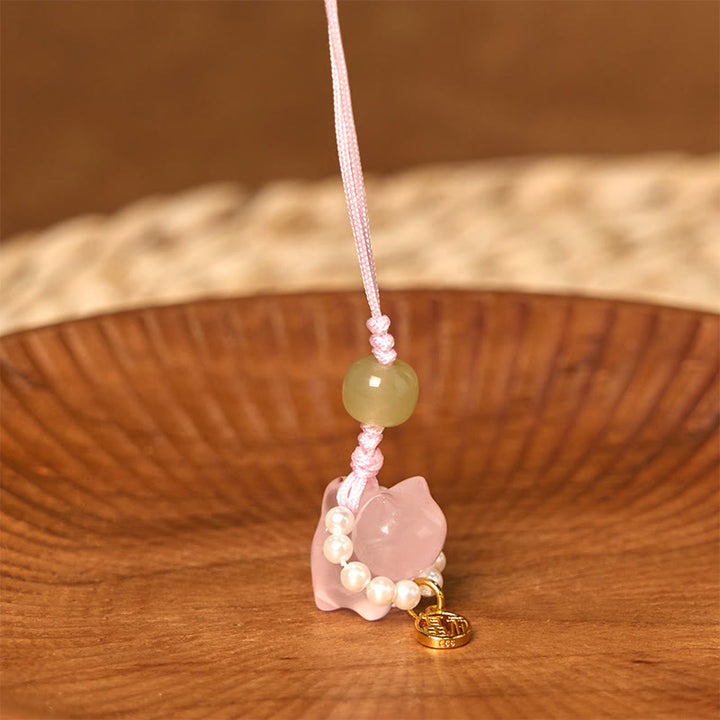 Buddha Stones, cristal rosa, amatista, citrino, perla, personaje Fu, gatito de la suerte, calidez, decoración colgante para teléfono