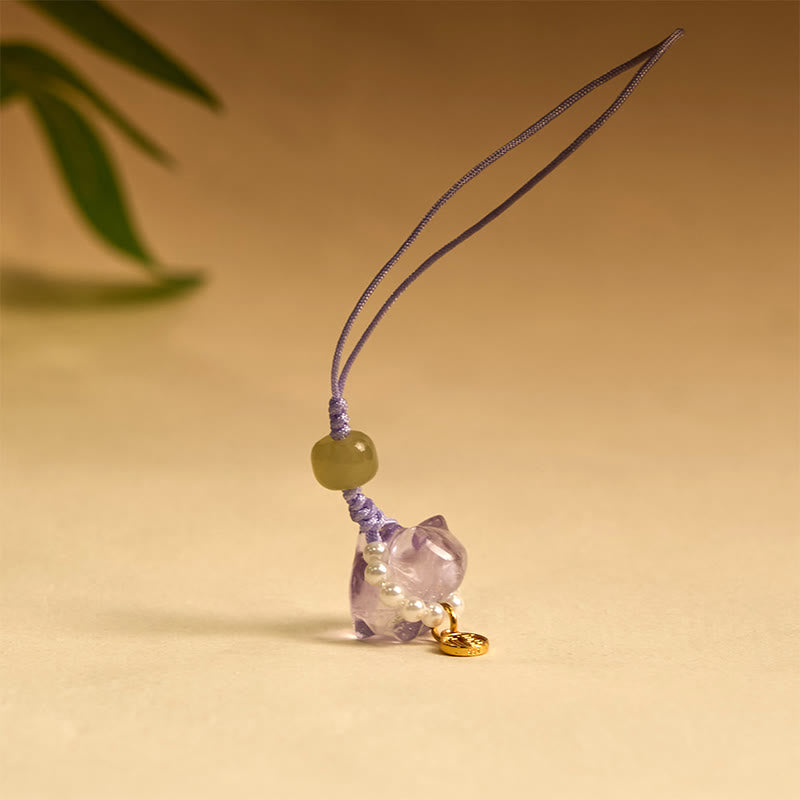 Buddha Stones, cristal rosa, amatista, citrino, perla, personaje Fu, gatito de la suerte, calidez, decoración colgante para teléfono
