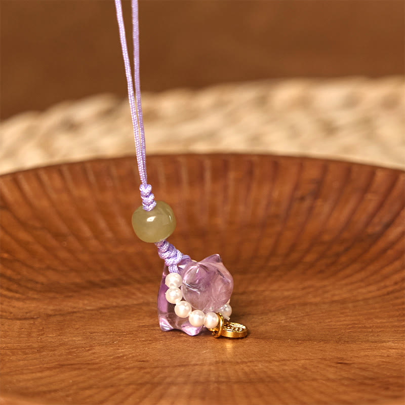 Buddha Stones, cristal rosa, amatista, citrino, perla, personaje Fu, gatito de la suerte, calidez, decoración colgante para teléfono