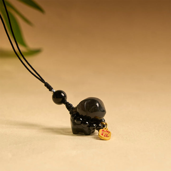 Collar protector con forma de perro Fu de obsidiana plateada con brillo de piedra de Buda, adorno colgante para teléfono