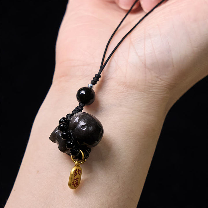 Collar protector con forma de perro Fu de obsidiana plateada con brillo de piedra de Buda, adorno colgante para teléfono