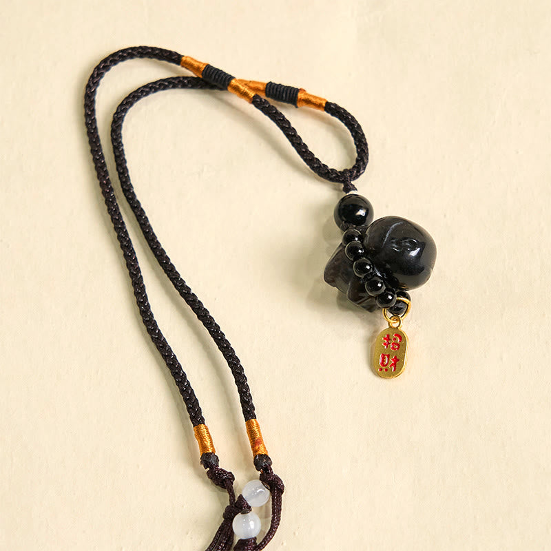 Collar protector con forma de perro Fu de obsidiana plateada con brillo de piedra de Buda, adorno colgante para teléfono