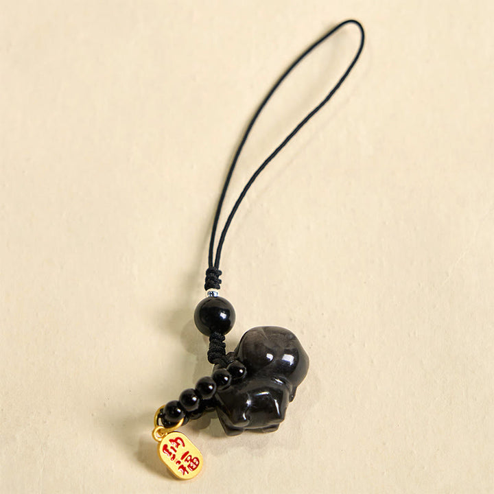 Collar protector con forma de perro Fu de obsidiana plateada con brillo de piedra de Buda, adorno colgante para teléfono