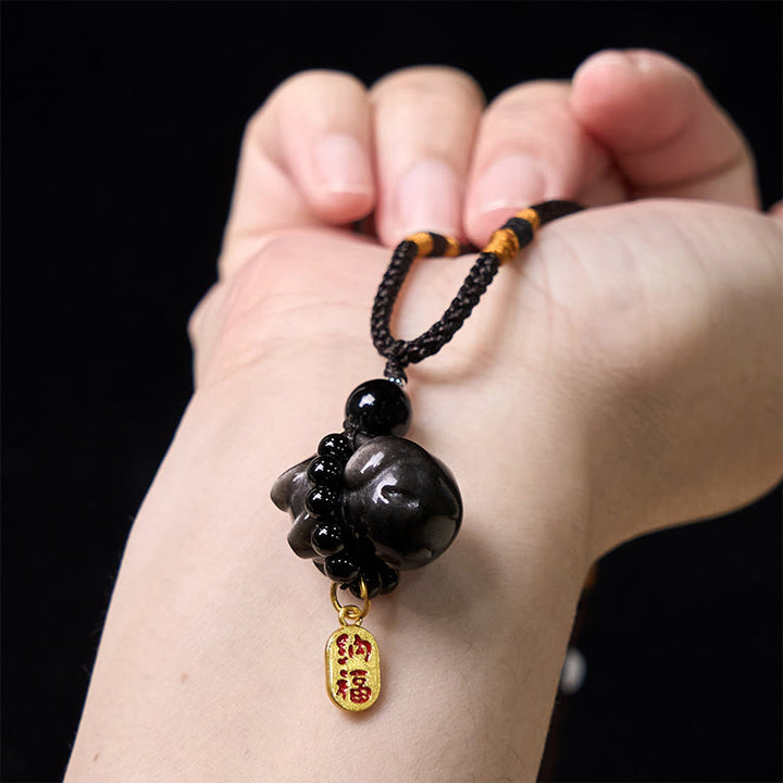 Collar protector con forma de perro Fu de obsidiana plateada con brillo de piedra de Buda, adorno colgante para teléfono