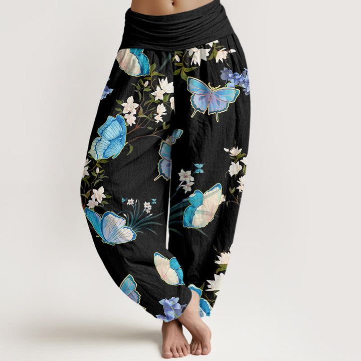 Pantalones harén de cintura elástica para mujer con estampado de mariposas y flores de Buddha Stones - Negro - US22，UK/AU26，EU54 (6XL) - image 1