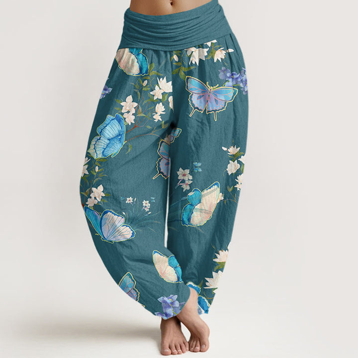 Pantalones harén de cintura elástica para mujer con estampado de mariposas y flores de Buddha Stones - Cian oscuro - US22，UK/AU26，EU54 (6XL) - image 5