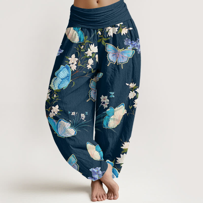 Pantalones harén de cintura elástica para mujer con estampado de mariposas y flores de Buddha Stones - Azul medianoche - US22，UK/AU26，EU54 (6XL) - image 8
