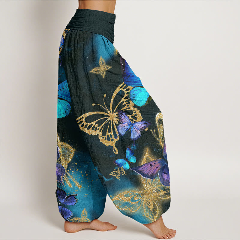 Pantalones harén con cintura elástica para mujer, con estampado de mariposas doradas y piedras de Buddha Stones - image 1
