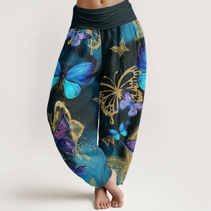 Pantalones harén con cintura elástica para mujer, con estampado de mariposas doradas y piedras de Buddha Stones - Gris pizarra oscuro - US22，UK/AU26，EU54 (6XL) - image 0