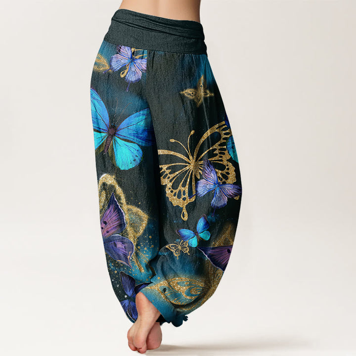 Pantalones bombachos de cintura elástica para mujer, de algodón, estilo casual, con estampado de mariposas doradas y Buddha Stones. - image 2
