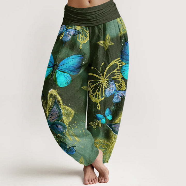 Pantalones bombachos de cintura elástica para mujer, de algodón, estilo casual, con estampado de mariposas doradas y Buddha Stones. - Verde oscuro - US22，UK/AU26，EU54 (6XL) - image 4