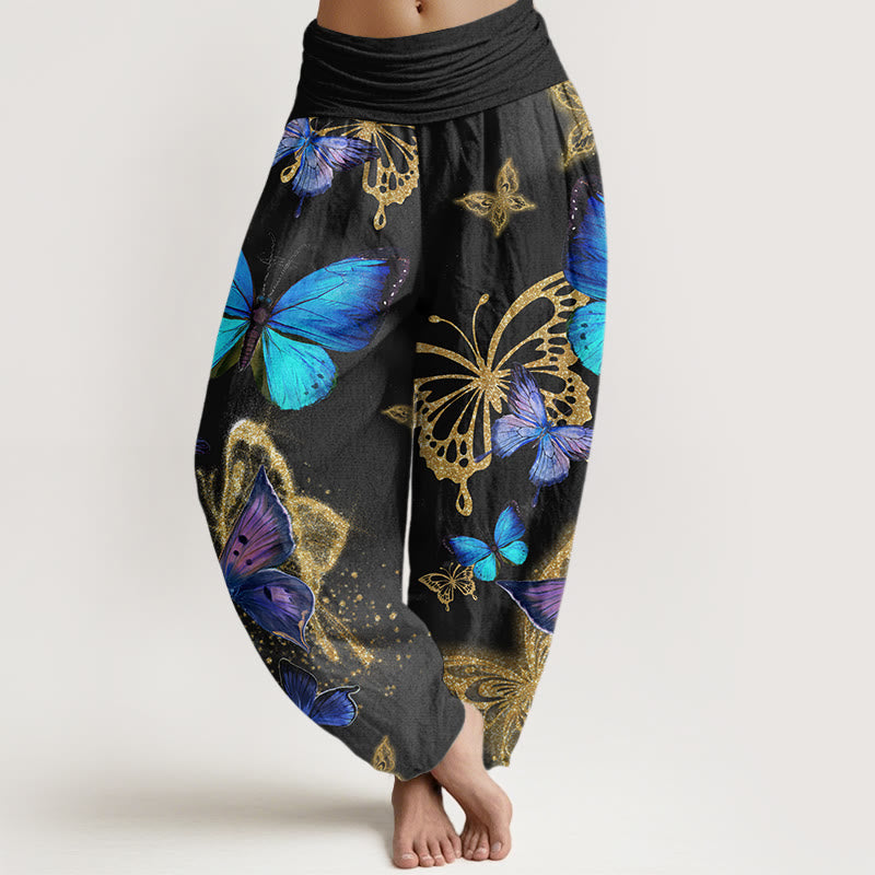 Pantalones harén con cintura elástica para mujer, con estampado de mariposas doradas y piedras de Buddha Stones - Negro - US22，UK/AU26，EU54 (6XL) - image 7