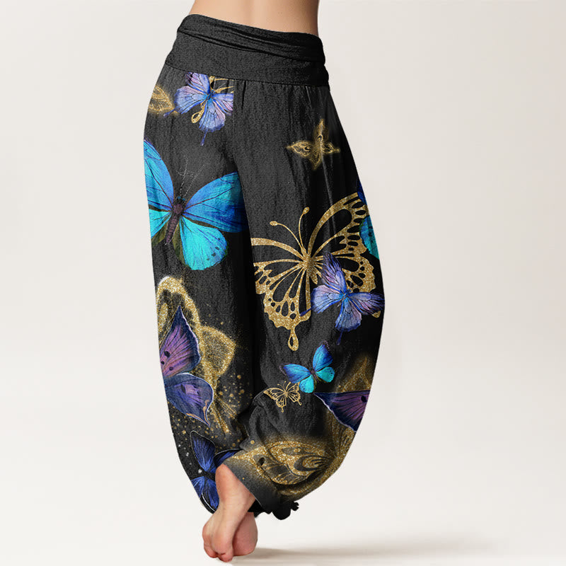 Pantalones bombachos de cintura elástica para mujer, de algodón, estilo casual, con estampado de mariposas doradas y Buddha Stones. - image 9