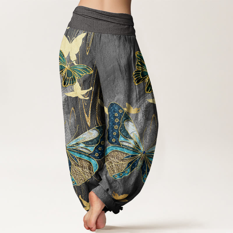 Pantalones harén con cintura elástica para mujer, con estampado de mariposas doradas y piedras de Buddha Stones - image 2