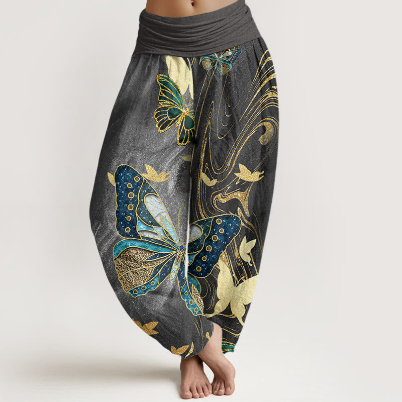 Pantalones harén con cintura elástica para mujer, con estampado de mariposas doradas y piedras de Buddha Stones - Gris tenue - US22，UK/AU26，EU54 (6XL) - image 0