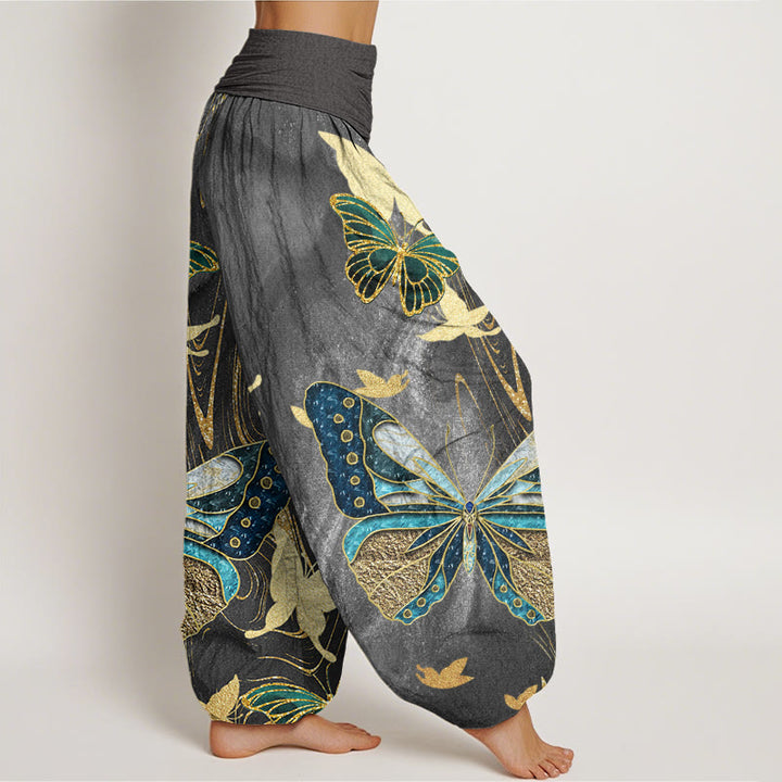 Pantalón tipo harem de cintura elástica para mujer, con estampado informal de mariposas y líneas doradas, de algodón con Buddha Stones. - image 1