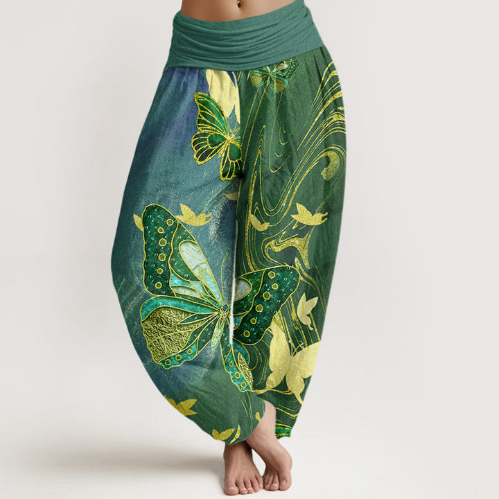 Pantalones harén con cintura elástica para mujer, con estampado de mariposas doradas y piedras de Buddha Stones - Azul cadete - US22，UK/AU26，EU54 (6XL) - image 4