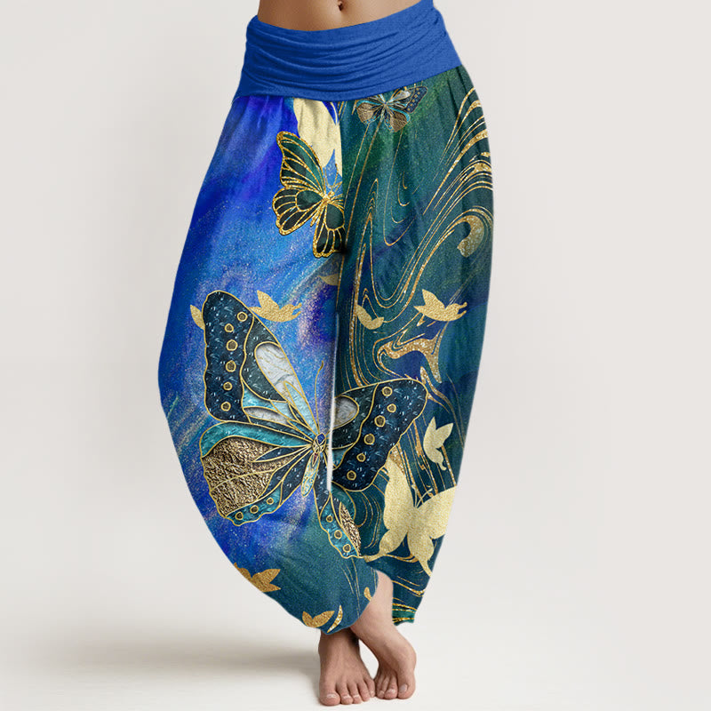 Pantalones harén con cintura elástica para mujer, con estampado de mariposas doradas y piedras de Buddha Stones - Azul - US22，UK/AU26，EU54 (6XL) - image 8