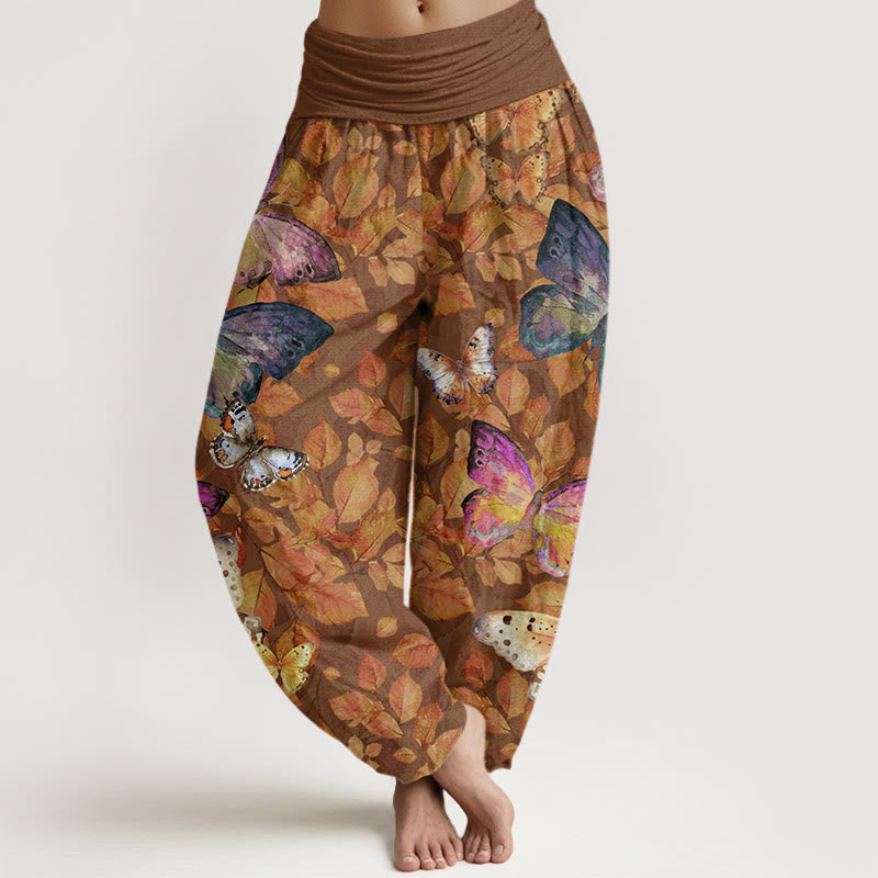 Pantalones harén con cintura elástica para mujer, con estampado de mariposas vívidas y hojas muertas, estilo casual, de Buddha Stones - Tierra de siena - US22，UK/AU26，EU54 (6XL) - image 1