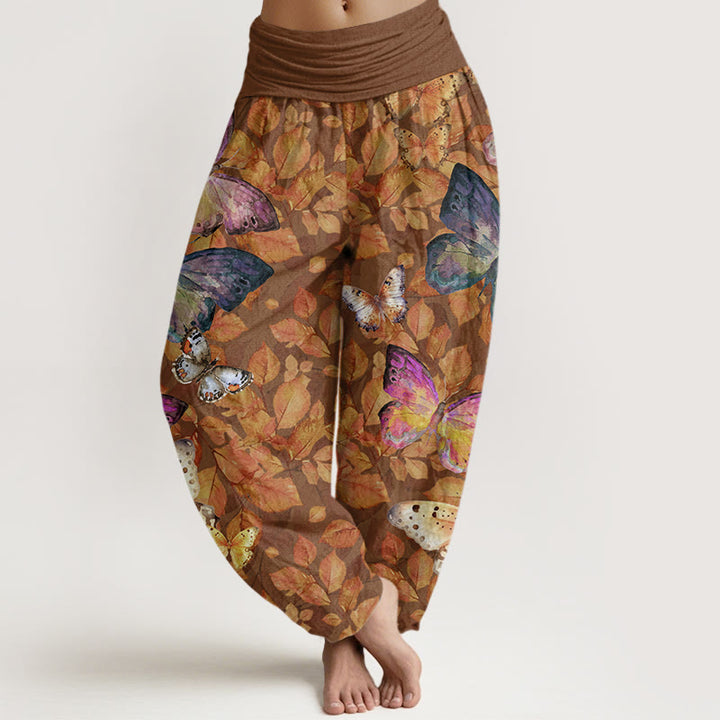 Pantalones harén con cintura elástica para mujer, con estampado de mariposas vívidas y hojas muertas, estilo casual, de Buddha Stones - Tierra de siena - US22，UK/AU26，EU54 (6XL) - image 1