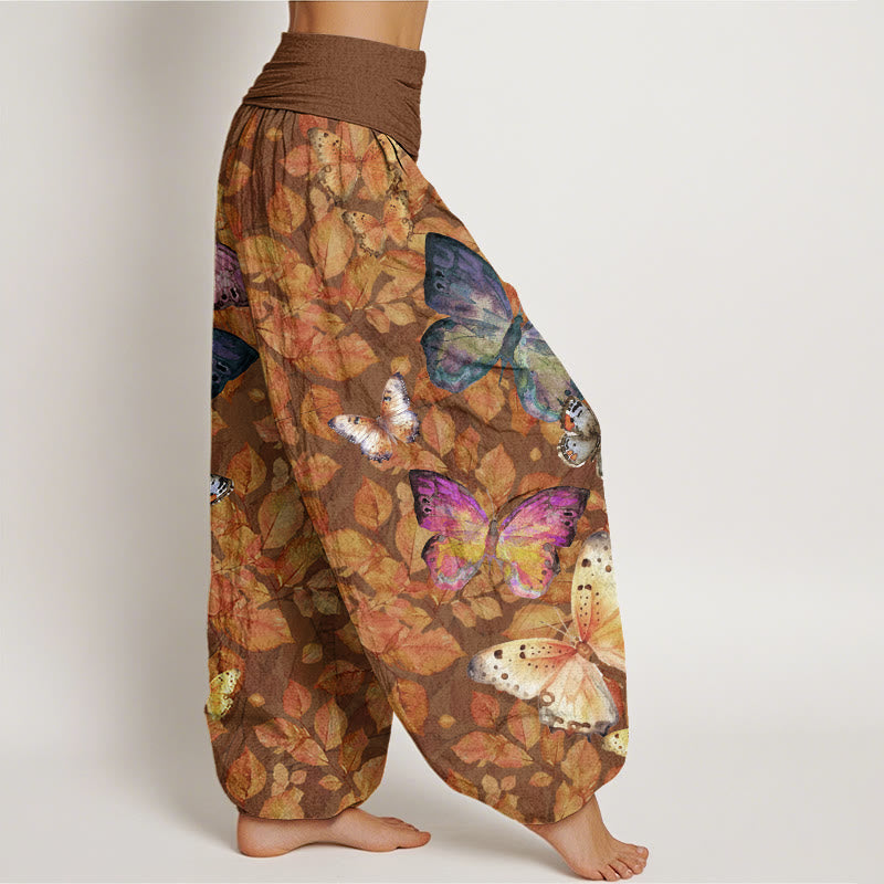 Pantalones harén con cintura elástica para mujer, con estampado de mariposas vívidas y hojas muertas, estilo casual, de Buddha Stones - image 2
