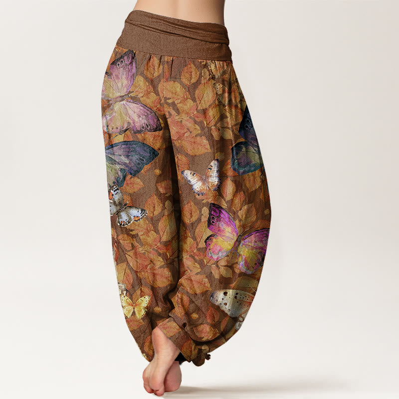 Pantalones harén con cintura elástica para mujer, con estampado de mariposas vívidas y hojas muertas, estilo casual, de Buddha Stones - image 3