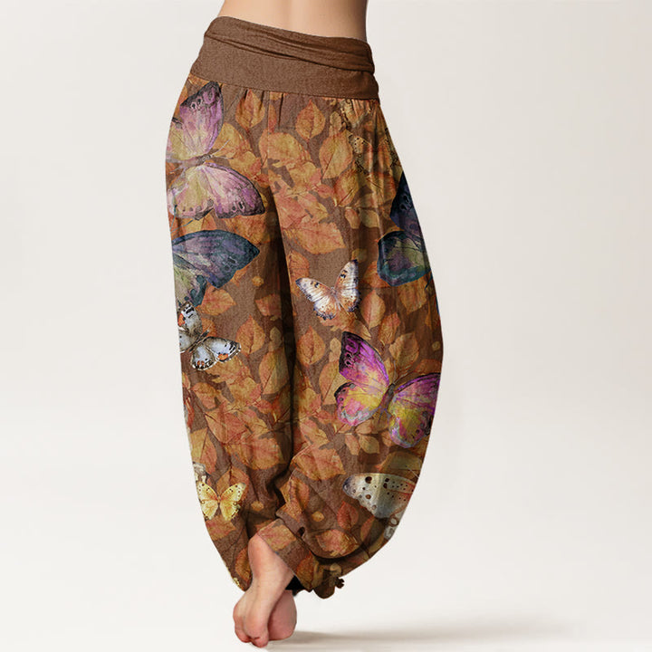 Pantalones harén con cintura elástica para mujer, con estampado de mariposas vívidas y hojas muertas, estilo casual, de Buddha Stones - image 3