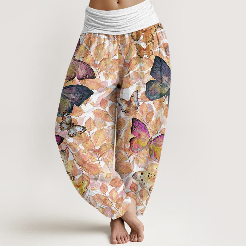 Pantalones harén con cintura elástica para mujer, con estampado de mariposas vívidas y hojas muertas, estilo casual, de Buddha Stones - Blanco - US22，UK/AU26，EU54 (6XL) - image 5