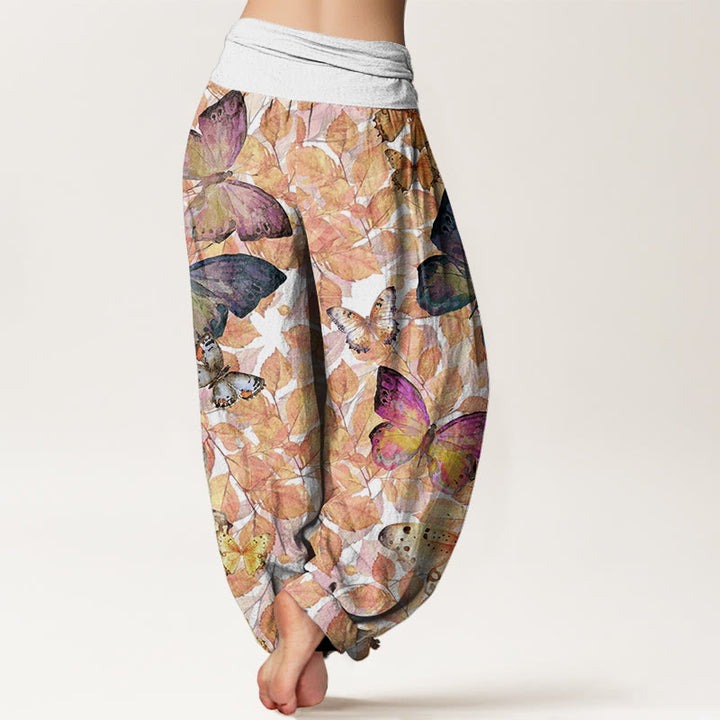 Pantalones harén con cintura elástica para mujer, con estampado de mariposas vívidas y hojas muertas, estilo casual, de Buddha Stones - image 7