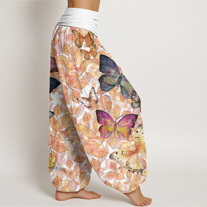 Pantalones harén con cintura elástica para mujer, con estampado de mariposas vívidas y hojas muertas, estilo casual, de Buddha Stones - image 6