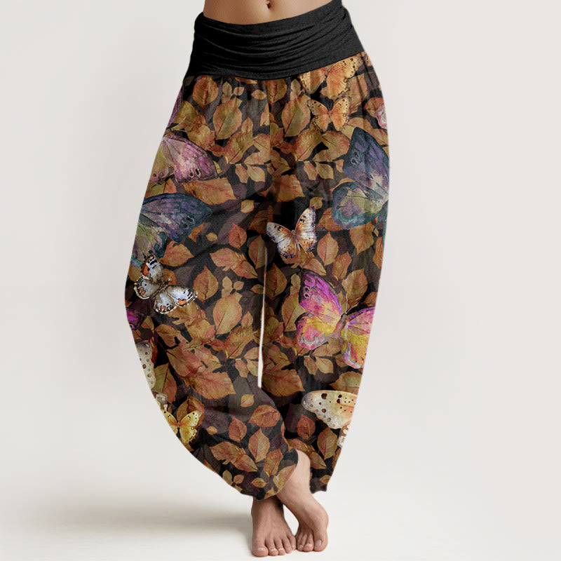 Pantalones harén con cintura elástica para mujer, con estampado de mariposas vívidas y hojas muertas, estilo casual, de Buddha Stones - Negro - US22，UK/AU26，EU54 (6XL) - image 8