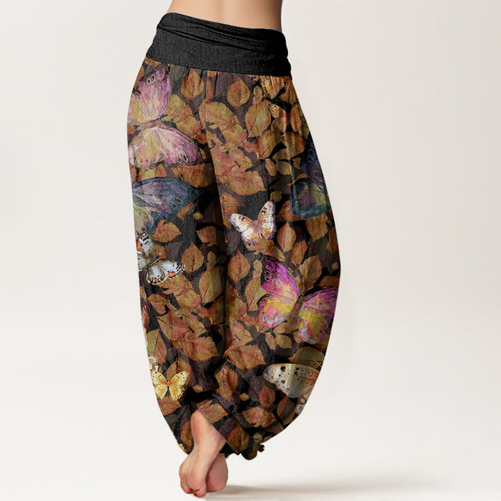 Pantalones harén con cintura elástica para mujer, con estampado de mariposas vívidas y hojas muertas, estilo casual, de Buddha Stones - image 10