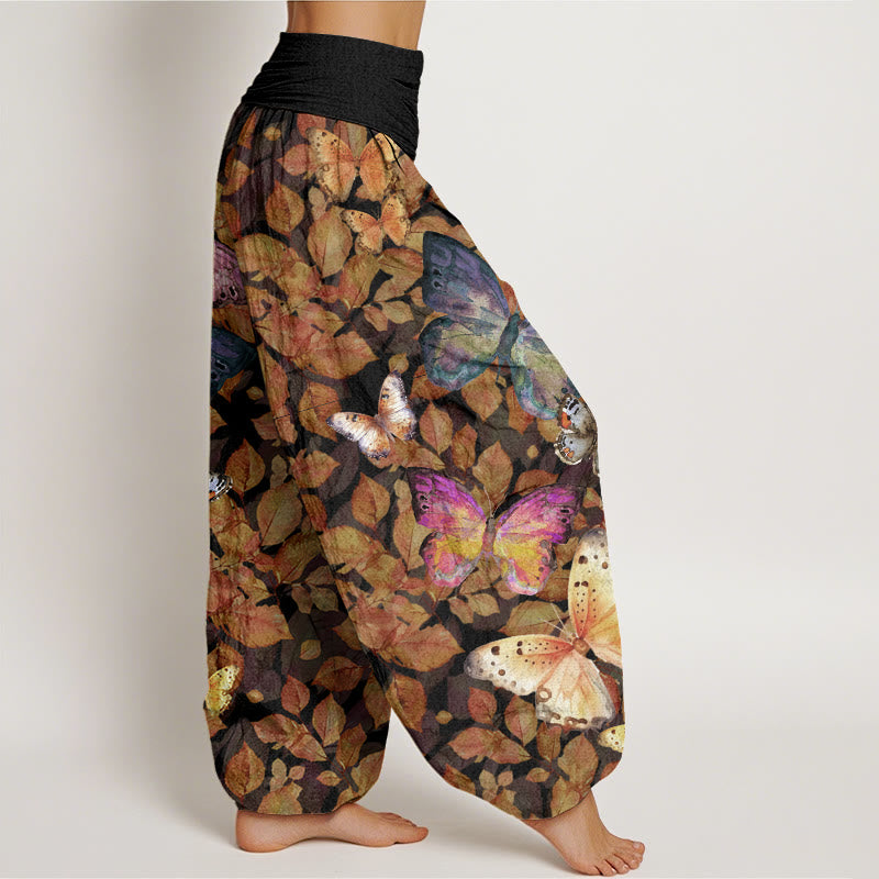 Pantalones harén con cintura elástica para mujer, con estampado de mariposas vívidas y hojas muertas, estilo casual, de Buddha Stones - image 9