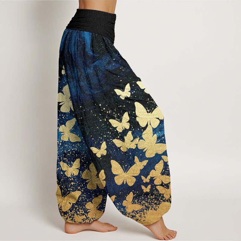 Pantalones harén con cintura elástica para mujer, informales, con estampado de mariposas doradas y piedras de Buddha Stones - image 1