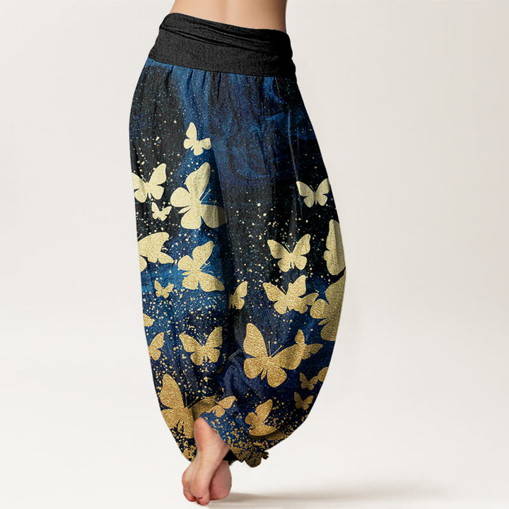 Pantalones harén con cintura elástica para mujer, informales, con estampado de mariposas doradas y piedras de Buddha Stones - image 3
