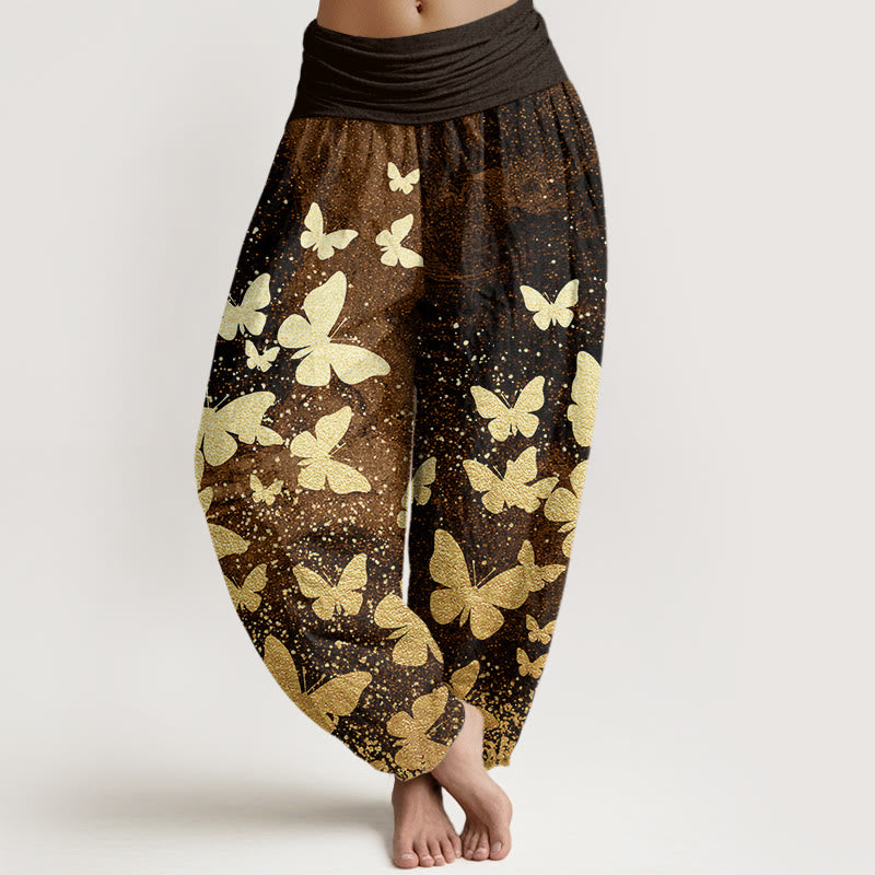 Pantalones harén con cintura elástica para mujer, informales, con estampado de mariposas doradas y piedras de Buddha Stones - SaddleBrown - US22，UK/AU26，EU54 (6XL) - image 4