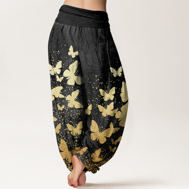 Pantalones harén con cintura elástica para mujer, informales, con estampado de mariposas doradas y piedras de Buddha Stones - image 9