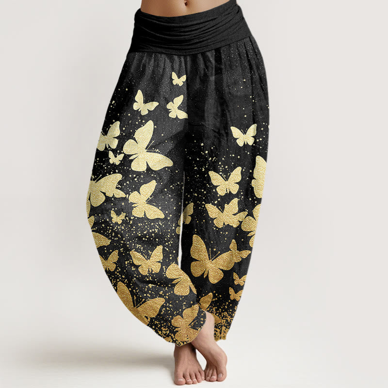 Pantalones harén con cintura elástica para mujer, informales, con estampado de mariposas doradas y piedras de Buddha Stones - Negro - US22，UK/AU26，EU54 (6XL) - image 7