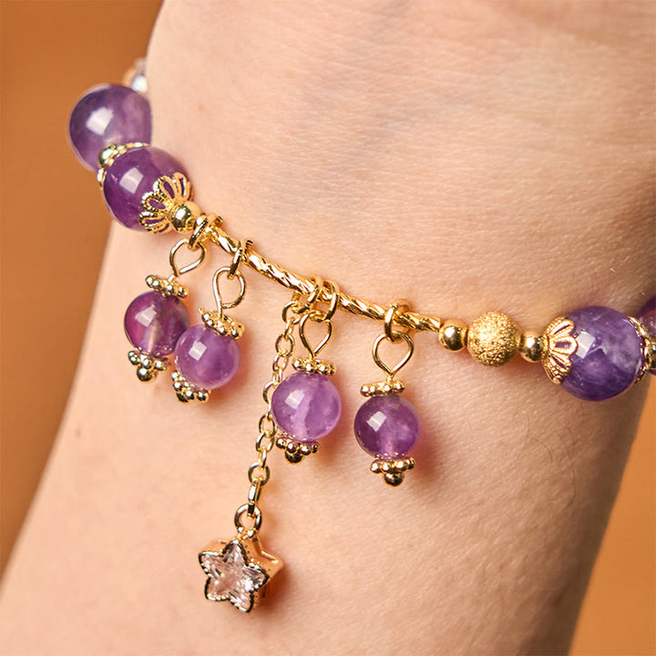 Pulsera de la paz con trébol de cuatro hojas y amatista natural de Buddha Stones