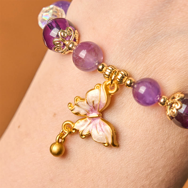 Pulsera de la paz con mariposa y piedra solar de amatista natural de Buddha Stones
