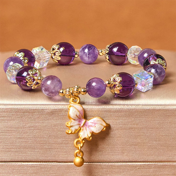 Pulsera de la paz con mariposa y piedra solar de amatista natural de Buddha Stones