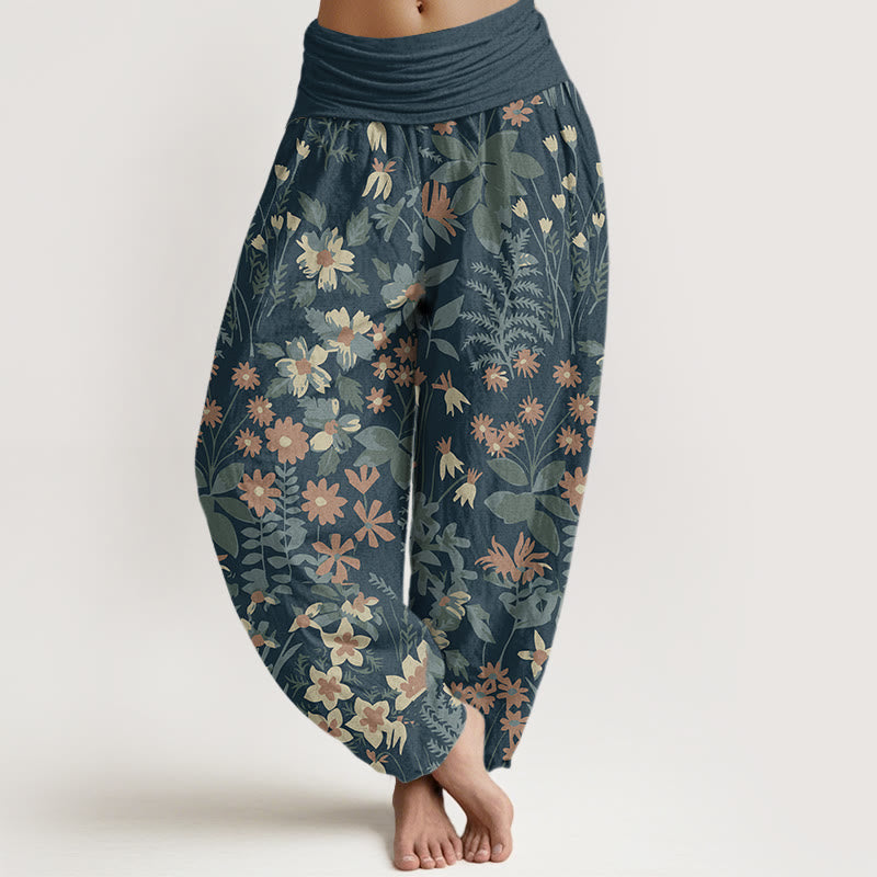Pantalones harén con cintura elástica para mujer, diseño informal con margaritas, flores y hojas de Buddha Stones - Azul claro - US22，UK/AU26，EU54 (6XL) - image 1