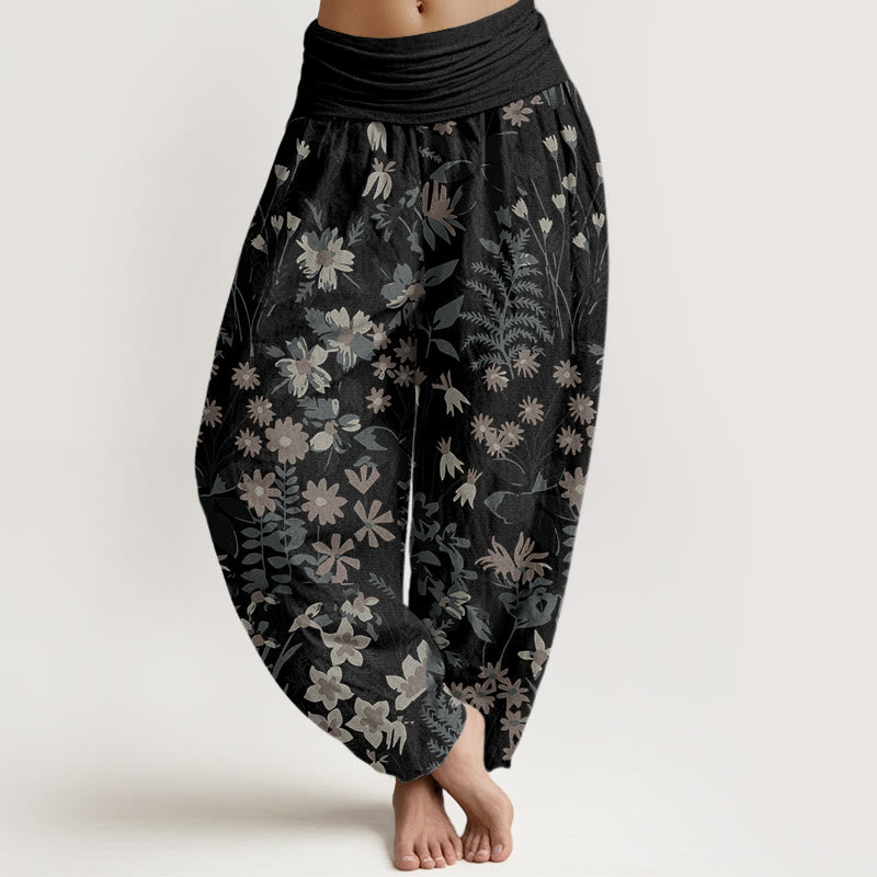 Pantalones harén con cintura elástica para mujer, diseño informal con margaritas, flores y hojas de Buddha Stones - Negro - US22，UK/AU26，EU54 (6XL) - image 5