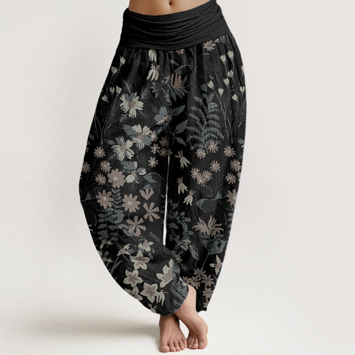 Pantalones harén con cintura elástica para mujer, diseño informal con margaritas, flores y hojas de Buddha Stones - Negro - US22，UK/AU26，EU54 (6XL) - image 5