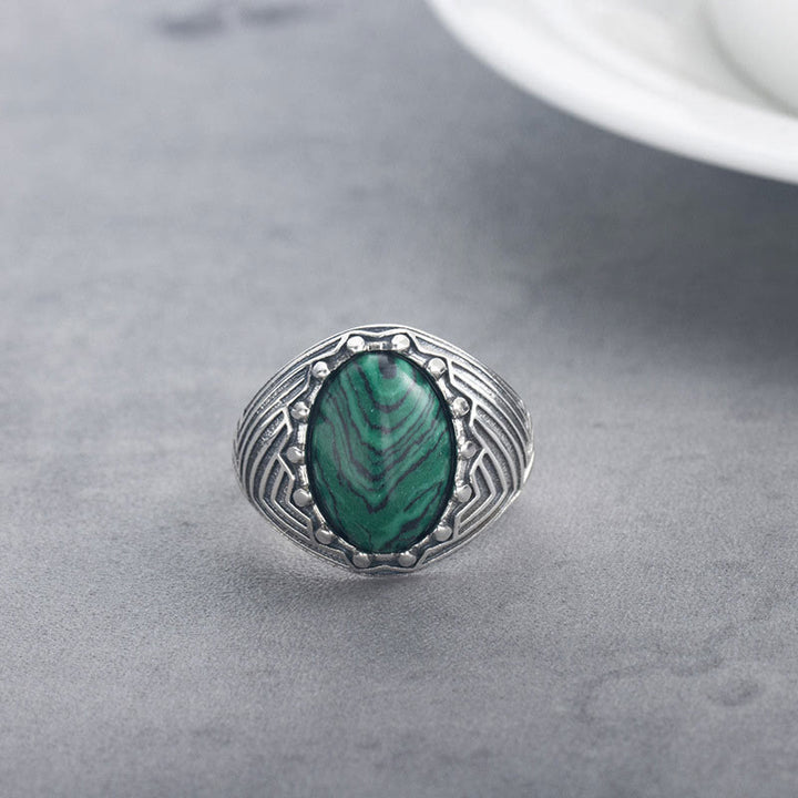 Anillo de calma con cuentas de malaquita y Buddha Stones ovaladas vintage en plata de ley 925