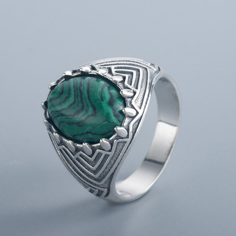 Anillo de calma con cuentas de malaquita y Buddha Stones ovaladas vintage en plata de ley 925 - Malaquita (Anti-Ansiedad ♥ Protección) - image 0